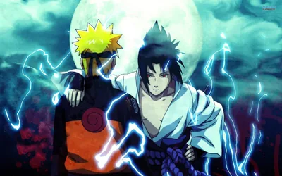 Naruto and Sasuke stand shoulder to shoulder before a huge full moon, blue lightning forking around them and washing the scene in cold light.