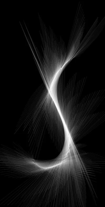 A curved sweep of white filaments narrows to a pinch in the middle of a tall frame, spreading into a fan at the top and bottom.