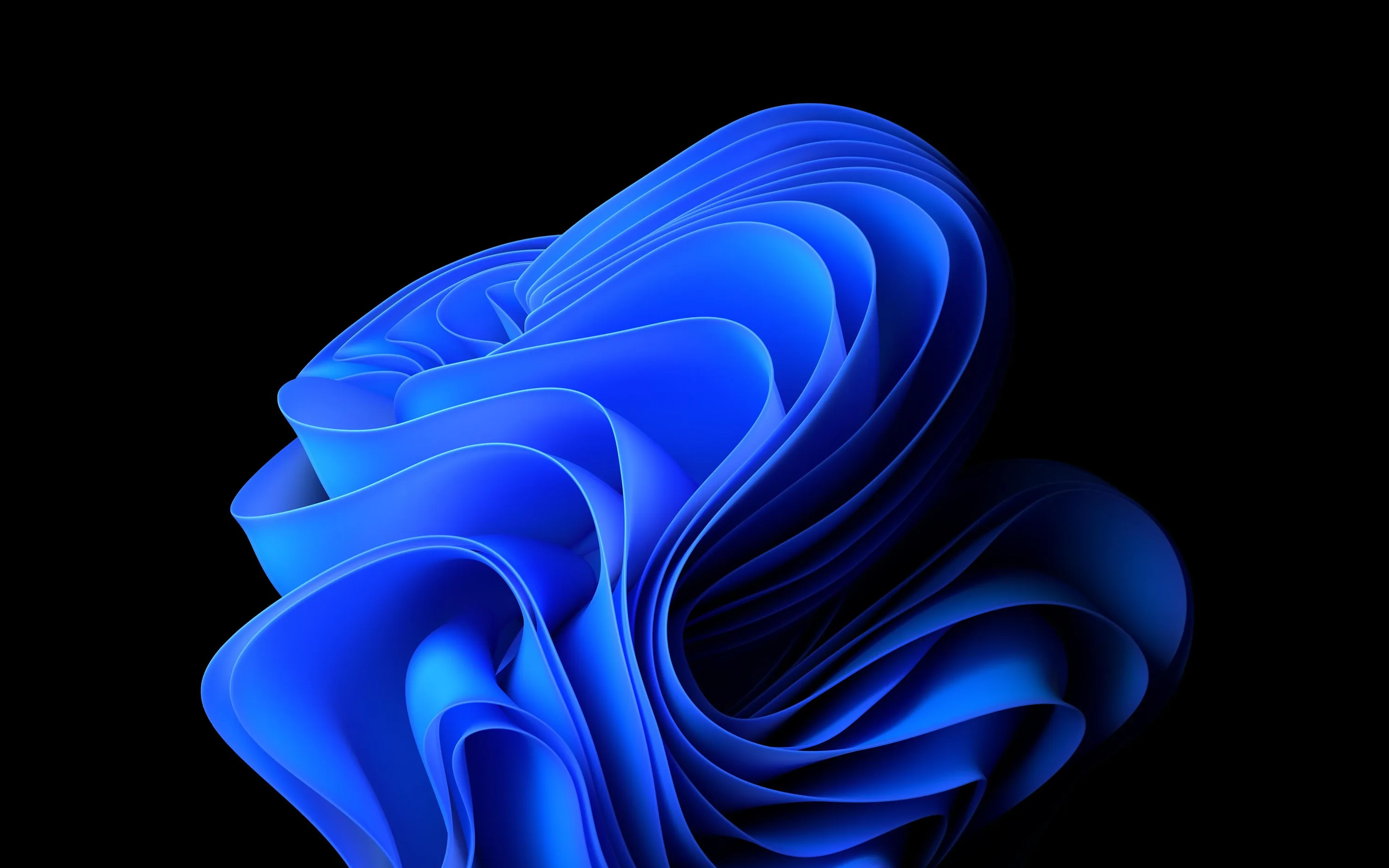 Folded ribbons in bright blue coil into a bloom at the centre of a black frame, edges catching a cooler light.