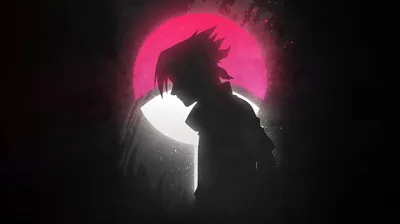 A spiky-haired figure stands in profile in front of a large pink moon, everything else reduced to smoky grey and black.