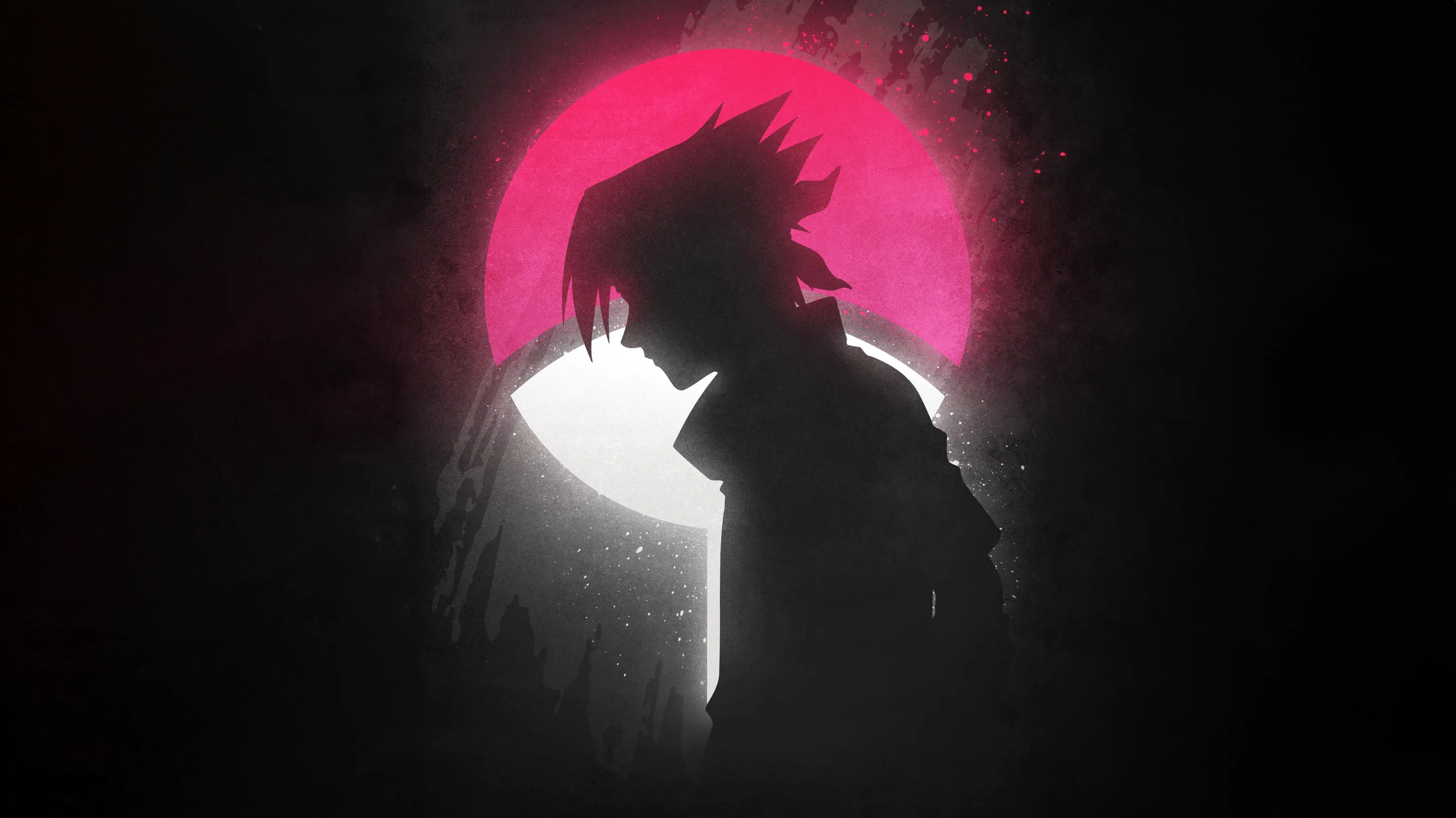 A spiky-haired figure stands in profile in front of a large pink moon, everything else reduced to smoky grey and black.