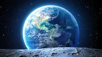 A bright blue-and-green Earth hangs above the Moon's grey pockmarked foreground, both rendered crisply against a starry sky in painterly CGI.