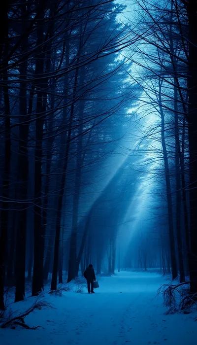 Bare trunks line a snow-covered path while a shaft of cold blue light cuts through the canopy onto a distant walking figure.