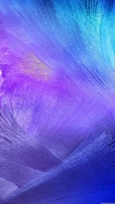 Feather-like strands fan across the frame in violet and blue, a patch of cyan in the top right corner and a faint gold flick left of centre.