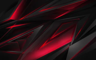 Sharp geometric panels overlap in graphite and crimson, thin red seams glowing where the facets meet across the middle of the frame.