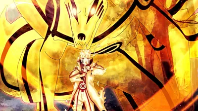 Naruto stands small and glowing at the feet of Kurama's towering golden chakra avatar, the whole frame washed in layered yellow light.