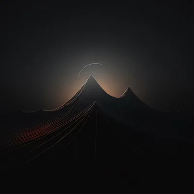 Two soft mountain peaks rise into a hazy amber glow with a thin crescent above, faint red streaks running across the lower slope.