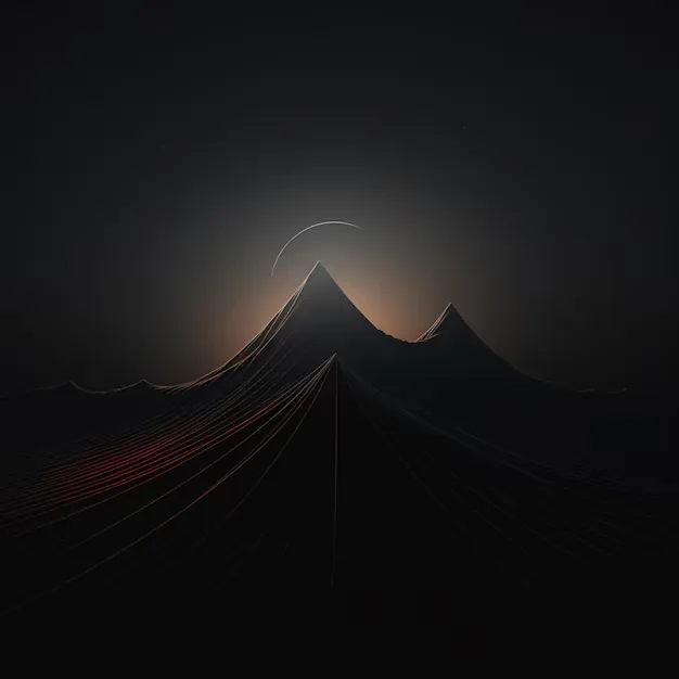 Two soft mountain peaks rise into a hazy amber glow with a thin crescent above, faint red streaks running across the lower slope.