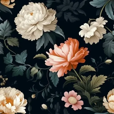 Cream peonies and one coral bloom sit among sage leaves and small pink daisies, painted in oils and repeated across a square dark ground.