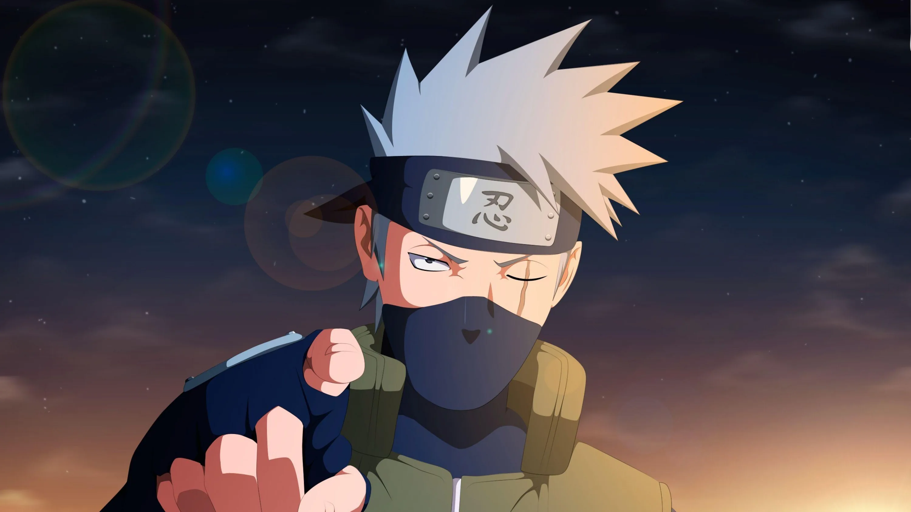 A masked Kakashi stretches one gloved hand at the camera under a dusk sky, his white hair and headband plate catching the last of the light.