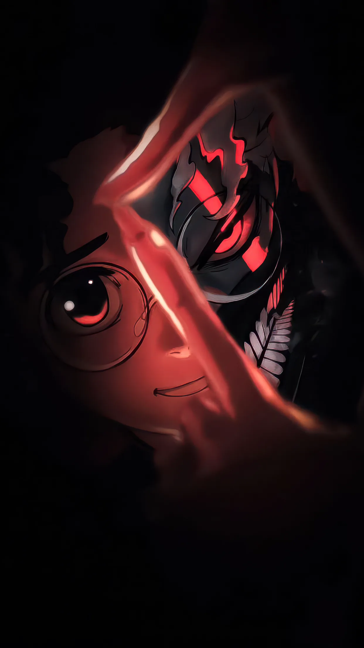 Okarun's transforming face fills the upper frame, one red eye glowing through the dark while the lower two thirds fade to near black for icons.