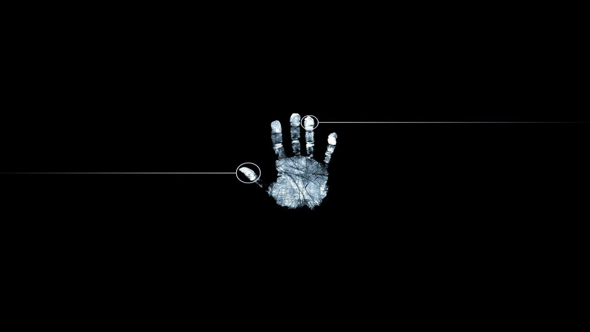 A pale handprint glows at the centre of a black frame, a thin horizontal line running through it.