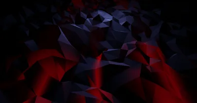 Faceted polygons tumble across a dark surface, red light pooling between them while the upper corners stay almost black.