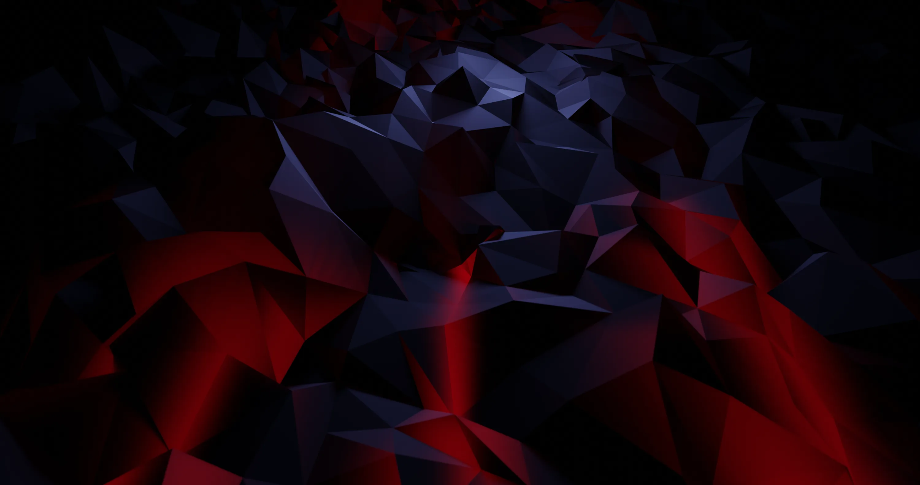 Faceted polygons tumble across a dark surface, red light pooling between them while the upper corners stay almost black.