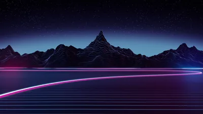 A pink light trail sweeps along a ridged plain beneath black mountains and a thin star field, the upper sky left dark and empty for a desktop clock.