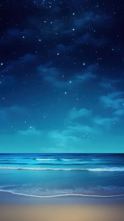 A digital illustration of a starfield fading into a moonlit sea, the beach at the bottom kept dim so icons stay legible.