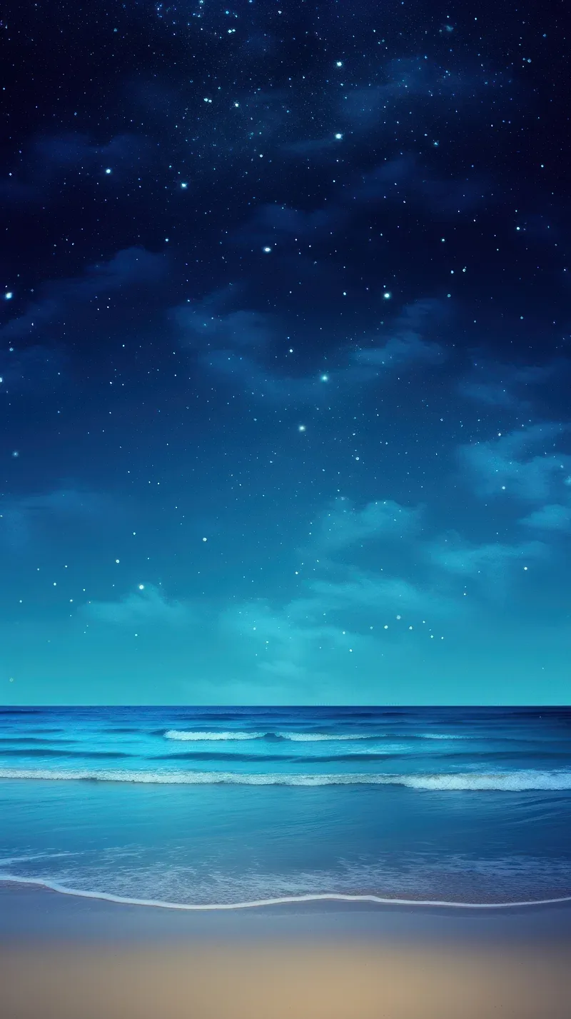 A digital illustration of a starfield fading into a moonlit sea, the beach at the bottom kept dim so icons stay legible.