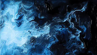 Churning marbled currents roll across the frame, palest ice tones flaring left of centre while pockets of true black gather along the right edge.