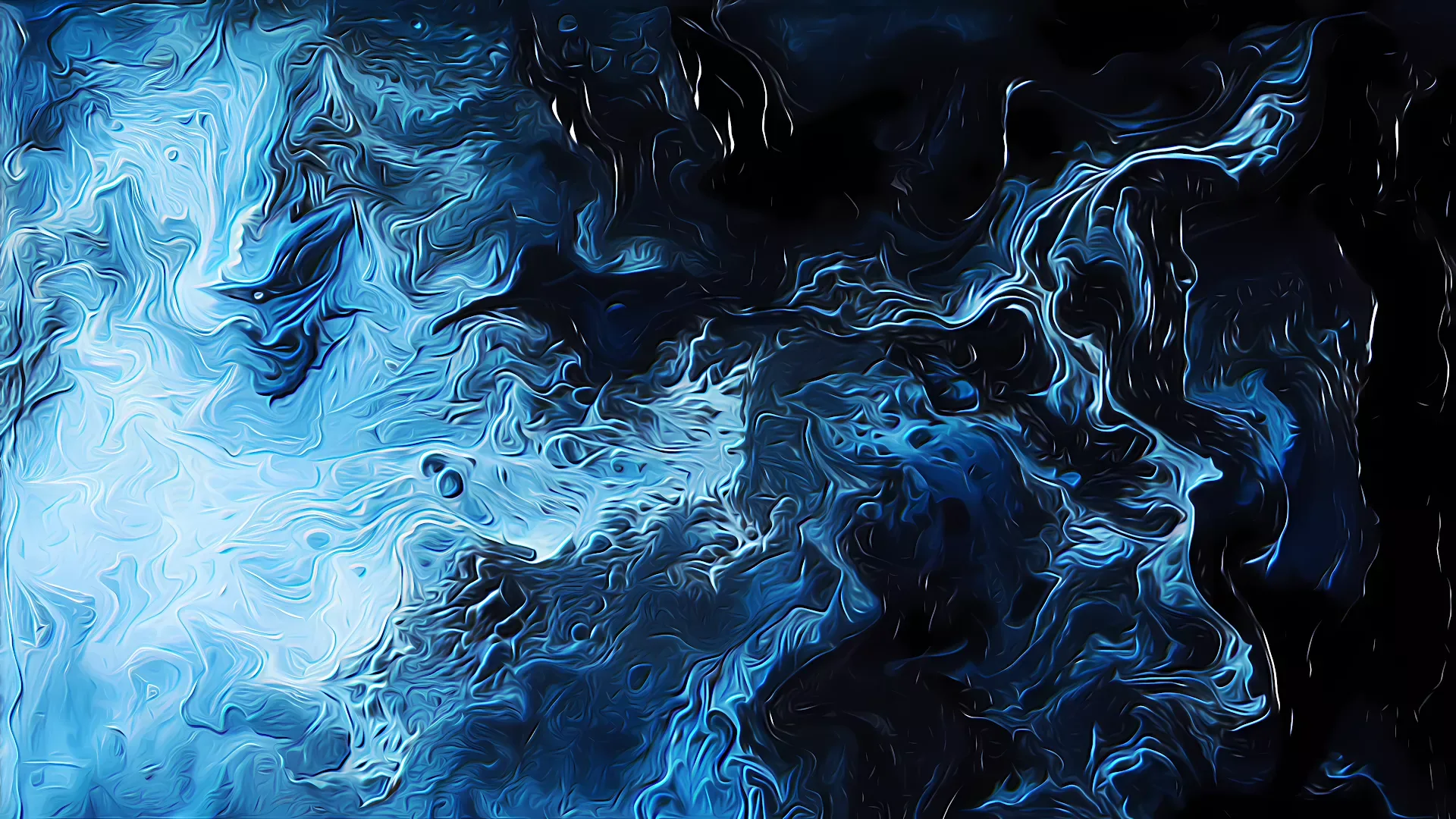 Churning marbled currents roll across the frame, palest ice tones flaring left of centre while pockets of true black gather along the right edge.