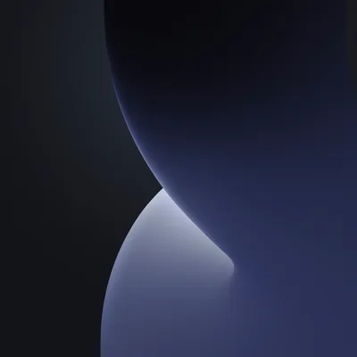 Two smooth glass-like forms meet in an hourglass pinch, the upper one dark navy and the lower one lit pale lavender against black.