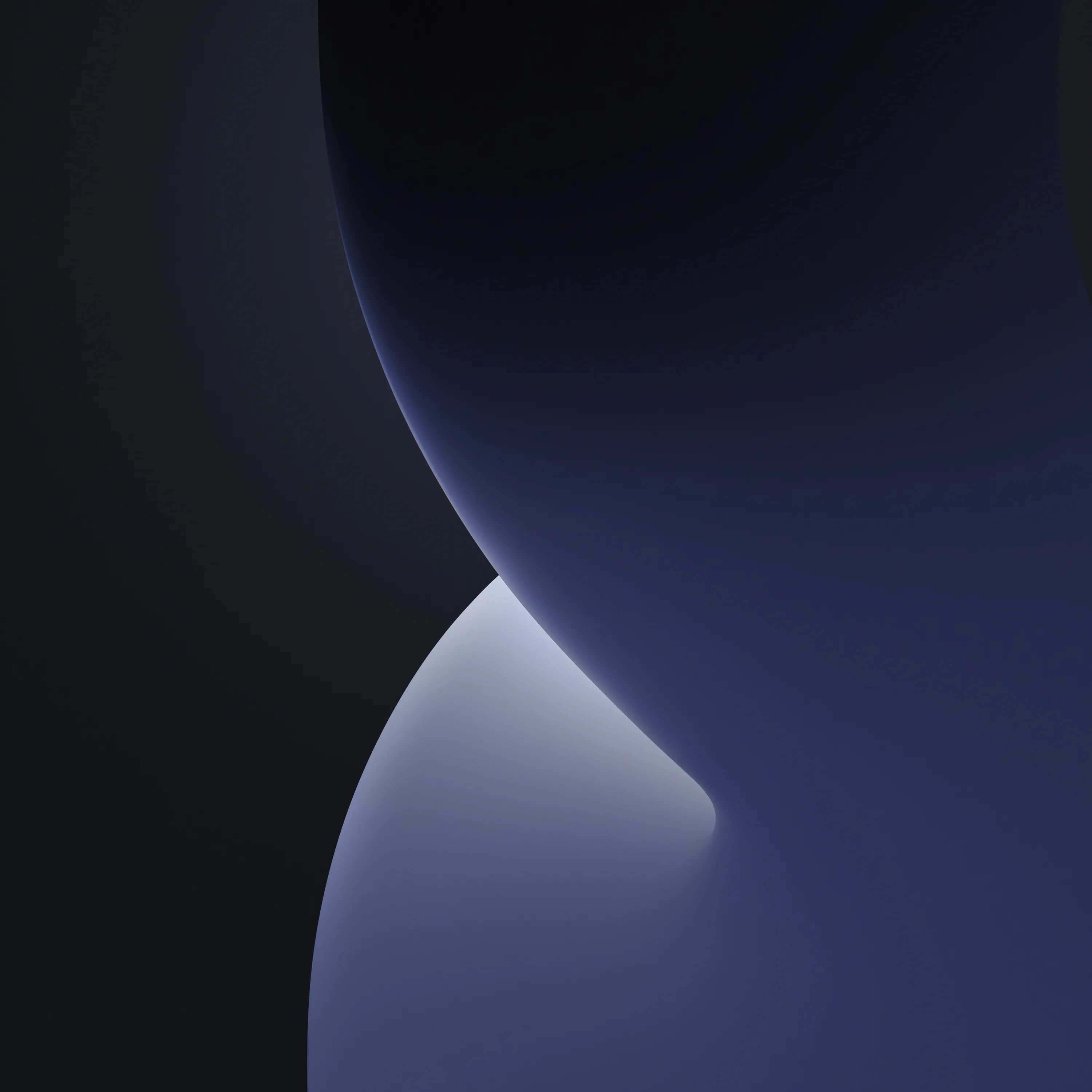 Two smooth glass-like forms meet in an hourglass pinch, the upper one dark navy and the lower one lit pale lavender against black.