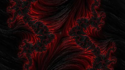 Feathery fractal flames curl up from the bottom of the frame in crimson and soot black, the detail turning finer and denser toward the edges.