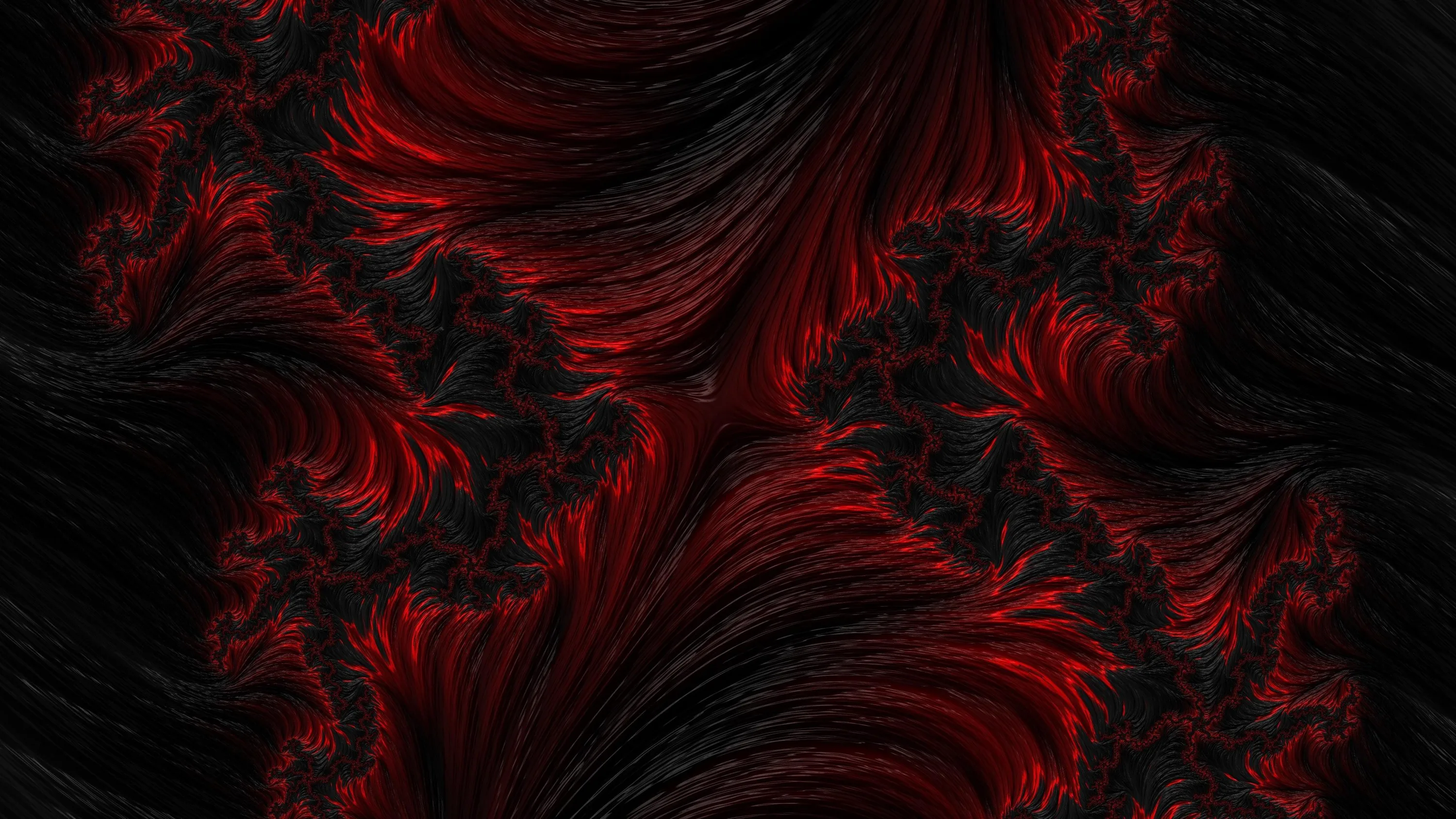 Feathery fractal flames curl up from the bottom of the frame in crimson and soot black, the detail turning finer and denser toward the edges.