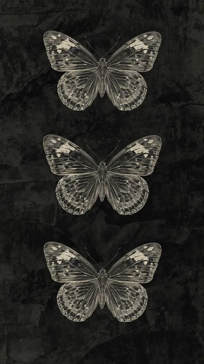 Three identical butterflies drawn in fine pale line work, stacked down a tall frame of brushed black texture.