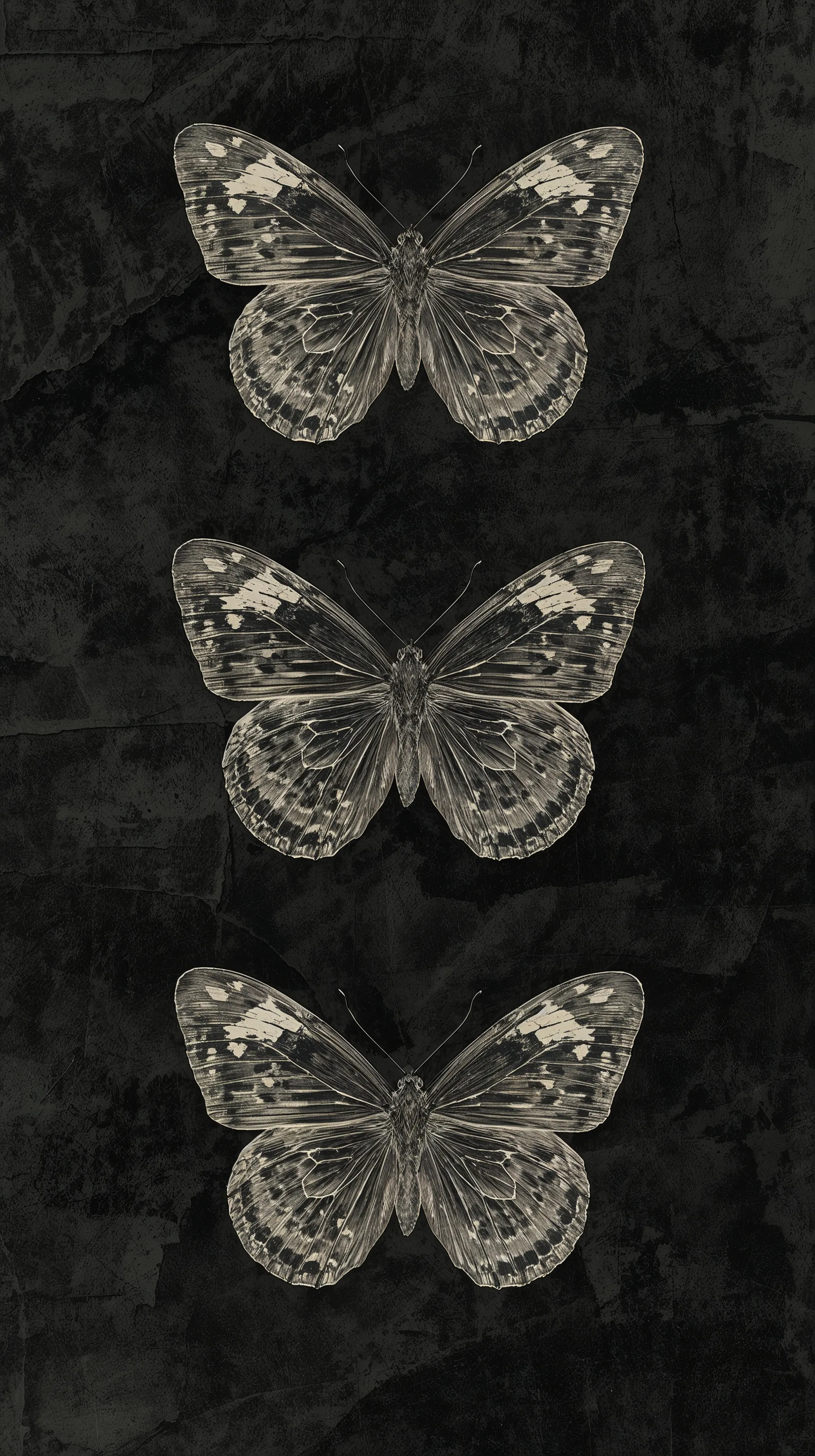 Three identical butterflies drawn in fine pale line work, stacked down a tall frame of brushed black texture.
