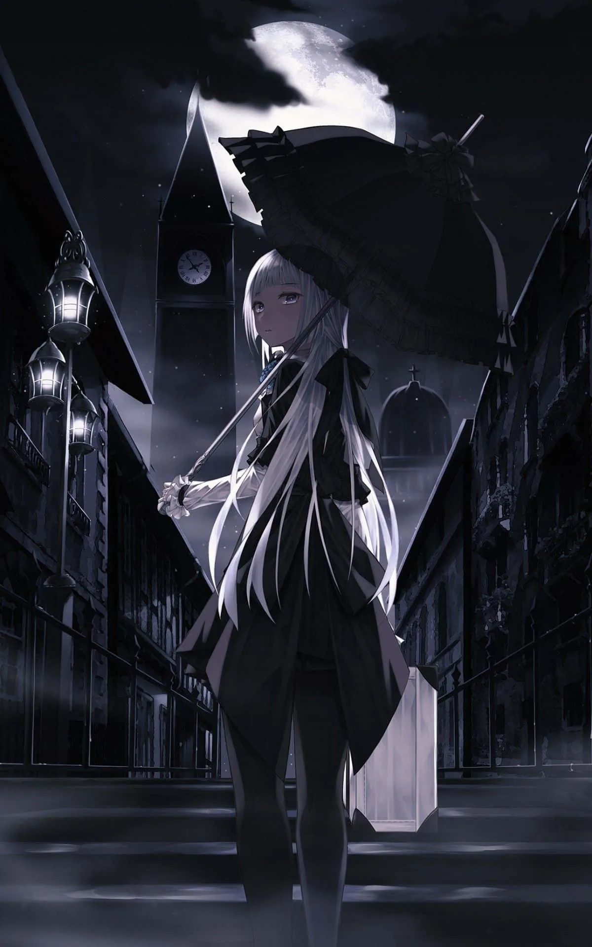 A tall vertical scene down a wet cobbled lane with a clock tower and gas lamps behind her, umbrella tilted, everything drained to cold grey.