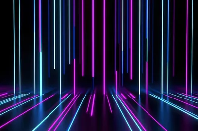 Vertical neon bars in pink and cyan stand on a glossy floor, each one throwing a long reflection toward the viewer.