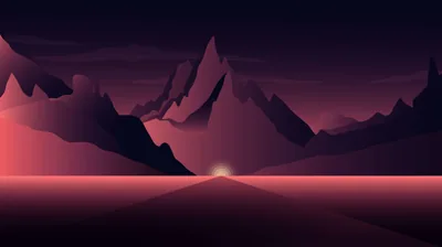 Flat crimson peaks flank a valley where the sun sits exactly on the horizon, its light running down the centre as a narrow bright path.