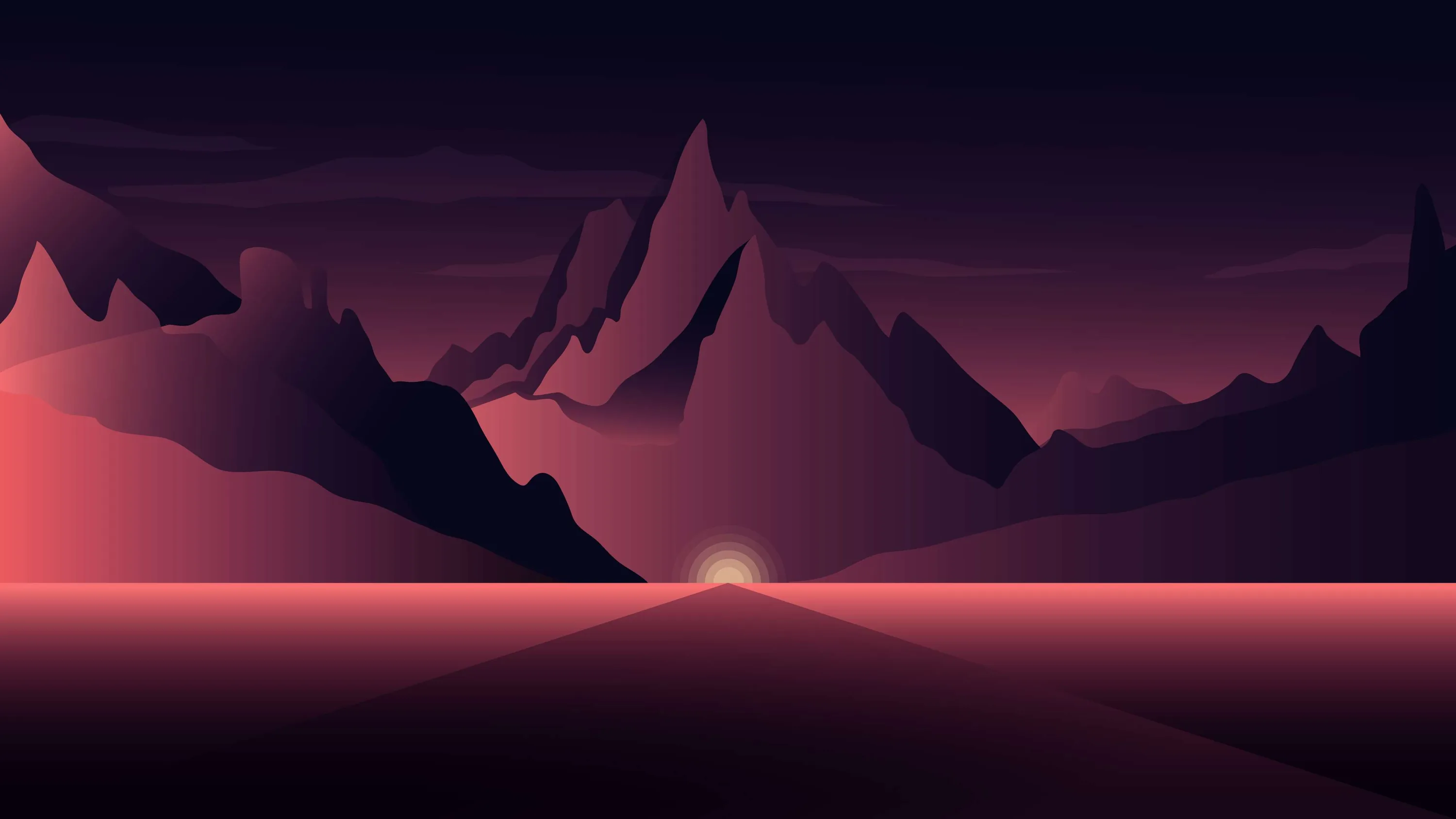 Flat crimson peaks flank a valley where the sun sits exactly on the horizon, its light running down the centre as a narrow bright path.