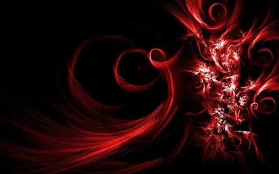 Curling red ribbons sweep out of the left side and gather into a bright shattered burst on the right, everything else left in solid black.