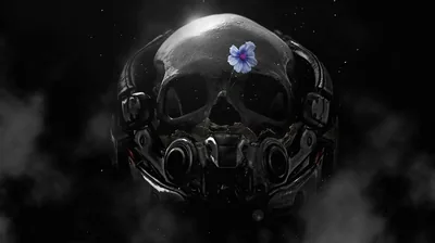 A metal-plated skull sits in thin smoke with one small blue-violet flower resting on its crown, the only colour in the frame.