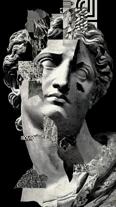 A classical marble bust is cut apart and layered with glitch strips and pattern swatches, the curls of the hair still crisp in monochrome.