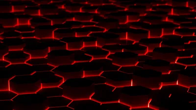 Dark hexagon tiles recede into the distance with red light burning through every seam between them.