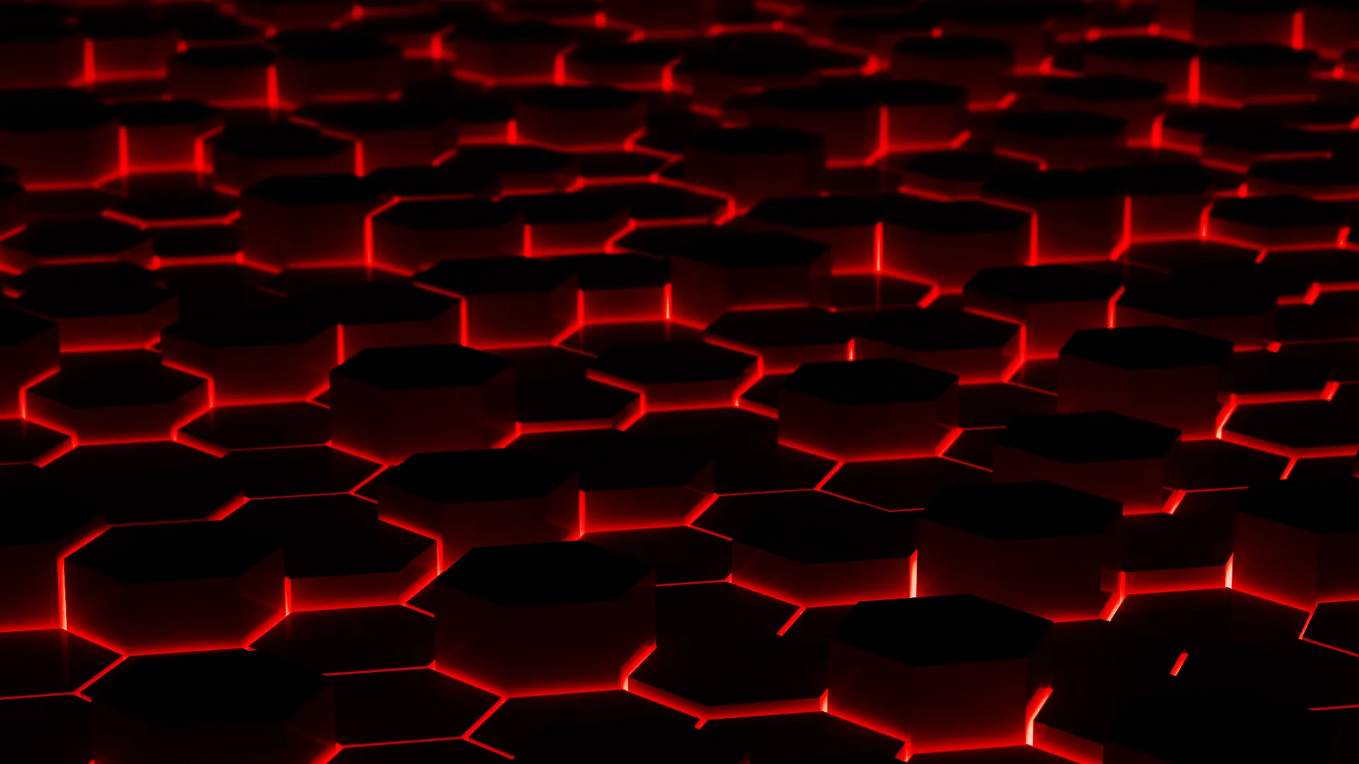 Dark hexagon tiles recede into the distance with red light burning through every seam between them.