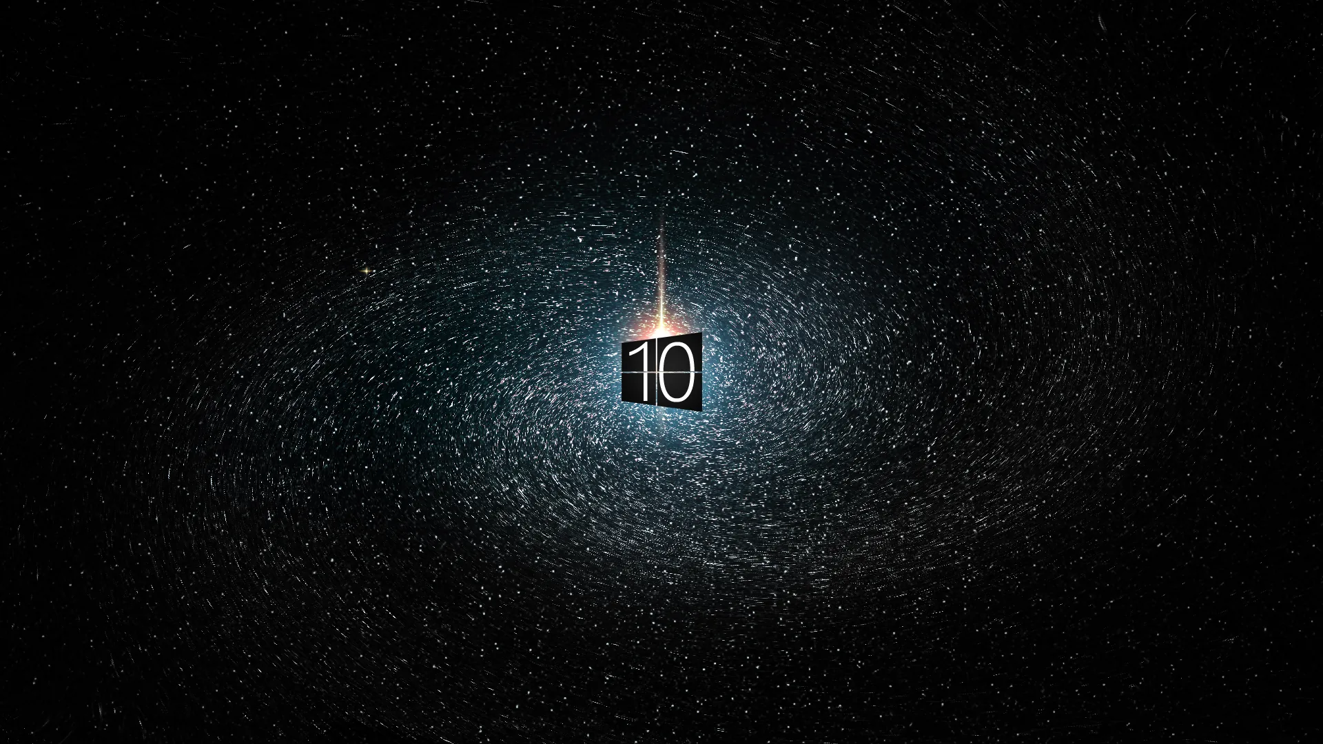 The Windows 10 tile hangs at the centre of an exploding cloud of pale specks, a vertical flare running through it and the edges falling to black.