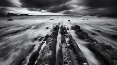 Parallel rock ridges point out to sea as a long exposure blurs the incoming surf into milky white sheets under a torn sky.