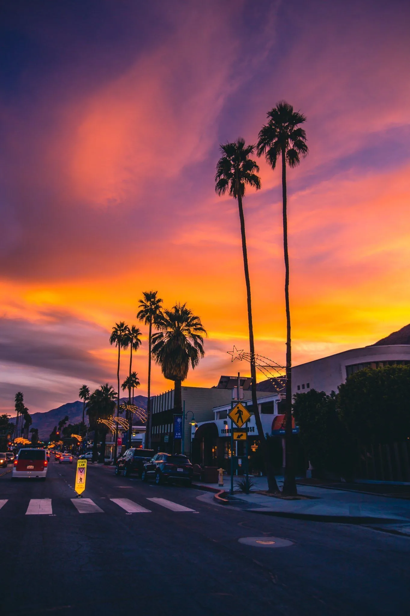 Tall palms tower over a crosswalk and street signs under streaked pink and gold clouds, the road below already dark enough to keep lock-screen text readable.