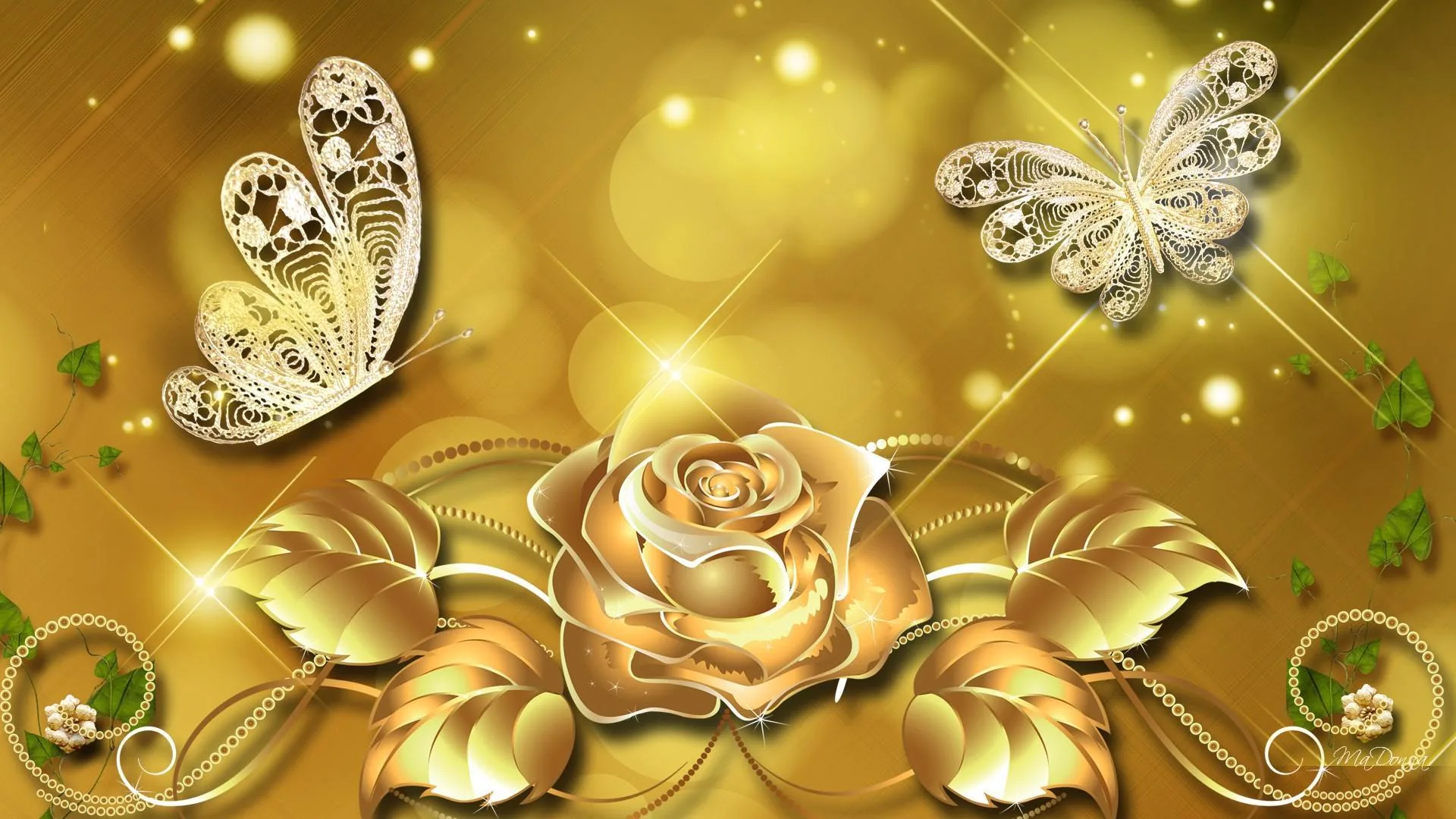 A metallic rose flanked by ornate leaves sits low in the frame, two jewelled butterflies hovering above it in a haze of bokeh sparkles.