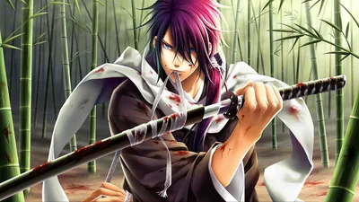 A wounded samurai levels his katana between green bamboo stalks, a white scarf trailing over his shoulder and blood flecking the blade.