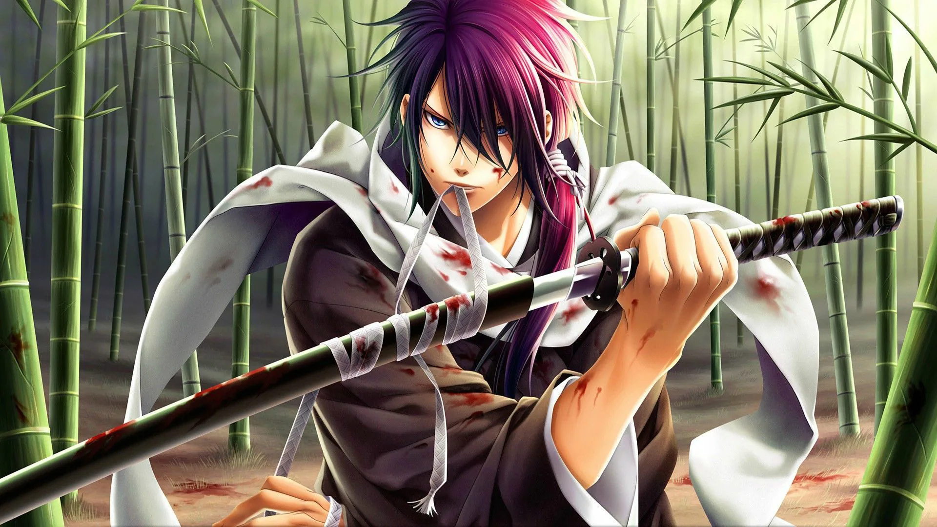 A wounded samurai levels his katana between green bamboo stalks, a white scarf trailing over his shoulder and blood flecking the blade.