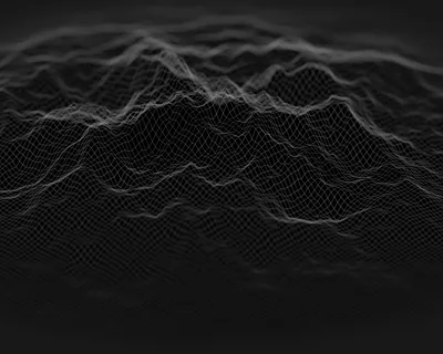 A grey wireframe mesh rolls like hills across the middle of the frame, blurring at the bottom edge and fading into black sky above.