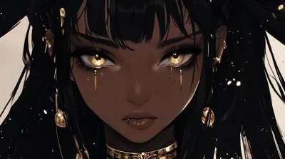 A close crop of a dark-skinned character, gold beads threaded through black hair and a gold choker at her neck, lit warm against near-black.