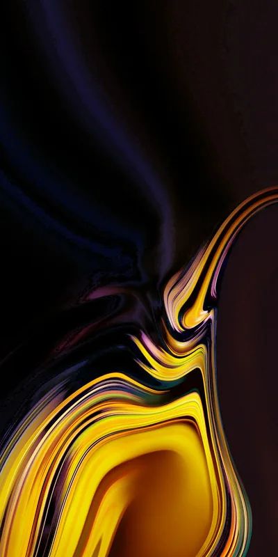 Molten amber lines pour down the right side and pool into rings near the bottom, while the left half holds near-black purple, so most of the panel stays dark.