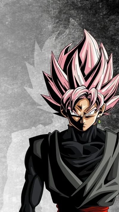 Pink spiked hair is the only colour against a scratched grey concrete backdrop, a faint giant silhouette looming upper left while both top corners stay plain for a clock.