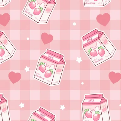 Strawberry milk cartons tilt across pink gingham among hearts and stars, a square repeat that crops equally well for phone or desktop screens.