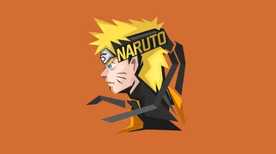 Naruto's head in flat geometric shapes faces left under a NARUTO banner, the surrounding solid orange leaving generous space for desktop icons.